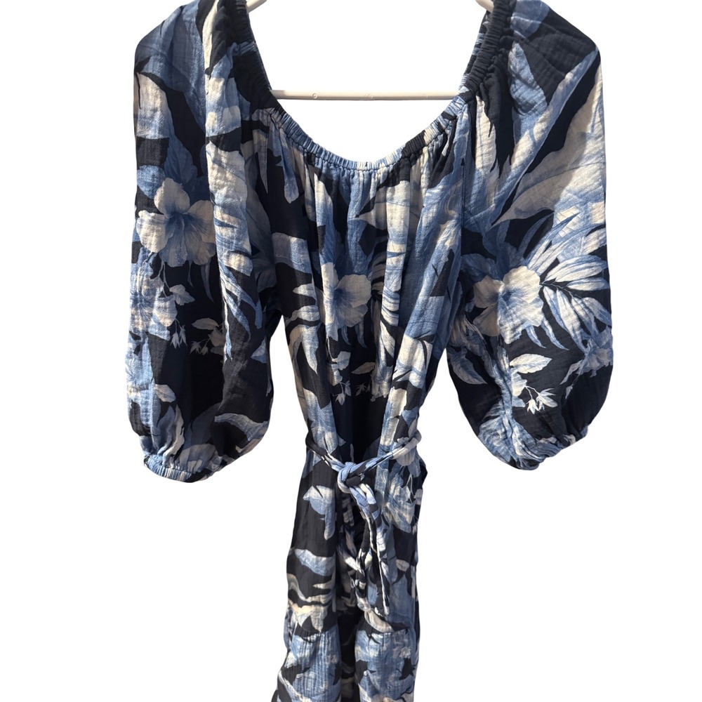 Tommy Bahama Island Gauze Floral Puff Sleeve Midi Dress Blue Black Women M
